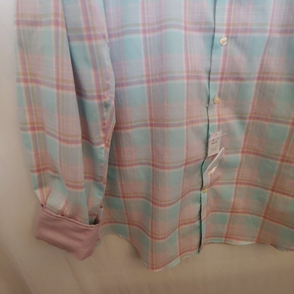 Egara Mens Pink/Mint Green Plaid Flip Contrasting Cuff Button Shirt 3XLT NWT - Picture 3 of 10
